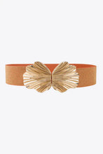 Wide orange elastic belt with large zinc alloy buckle and tan leather accents