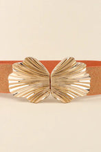 Gold zinc alloy butterfly buckle on orange elastic belt with tan leather accents