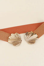 Gold seashell zinc alloy buckle elastic belt with tan leather accents