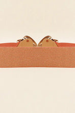 Orange elastic belt with zinc alloy buckle and tan leather accents