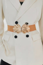 Cream double-breasted blazer with orange elastic belt and zinc alloy buckle