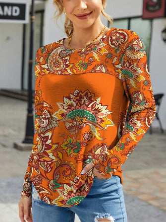 Orange Floral Long Sleeve Top for Women Ochre