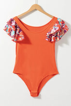 Orange Floral Ruffle Sleeve Bodysuit for Women