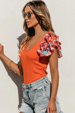 Orange Floral Ruffle Sleeve Bodysuit for Women