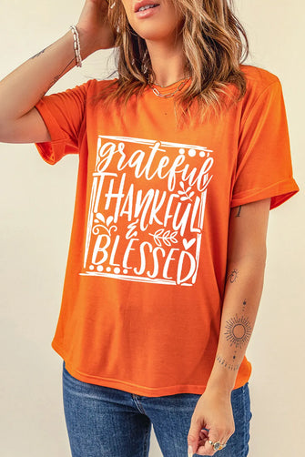 Orange Grateful Thankful Blessed Cuffed Sleeve T Shirt for Women Orange