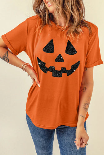 Orange Halloween Pumpkin Glitter T-Shirt for Women Orange