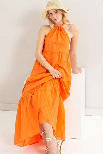 Orange Halter Neck Maxi Dress Cotton Voile Swimwear Cover Up Orange