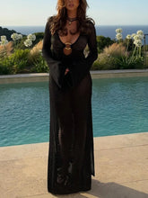 Orange Knit Maxi Dress with Bell Sleeves and Sheer Cutout Details