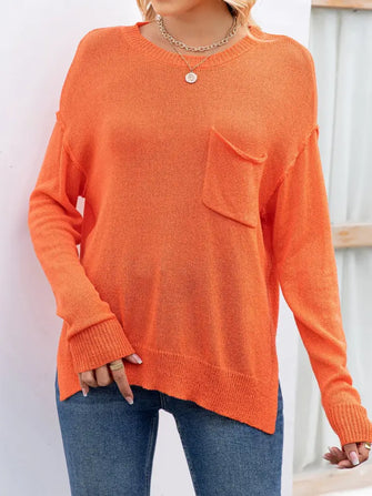 Orange Knit Sweater with Pocket Round Neck Long Sleeve Casual Top Orange Woman T Shirts