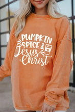 Orange graphic round neck oversize sweatshirt with Pumpkin Spice and Jesus Christ print