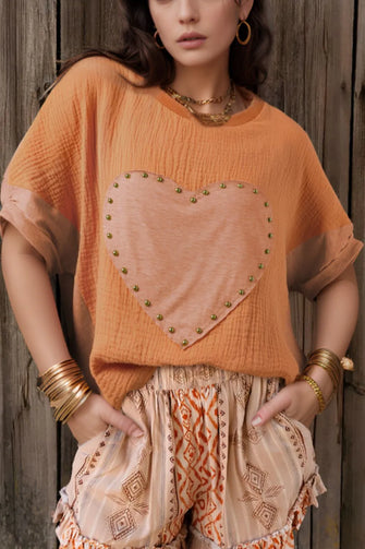 Orange Oversized Heart T Shirt and Patterned Shorts Set for Women Sherbet