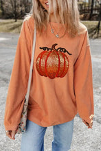 Sequin pumpkin round neck long sleeve sweatshirt in orange corduroy