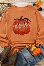 Orange sequin pumpkin long sleeve sweatshirt with ribbed texture