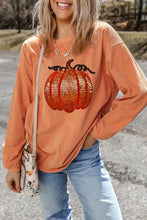 Sequin pumpkin round neck long sleeve sweatshirt in orange ribbed fabric