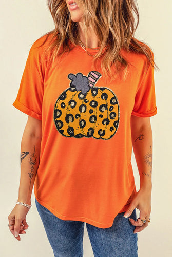 Orange T-Shirt with Leopard Print Pumpkin Design for Women Orange