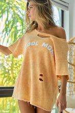 Orange Waffle Knit Cool Mom Print Shirt with Laser Cut Details Woman T Shirts