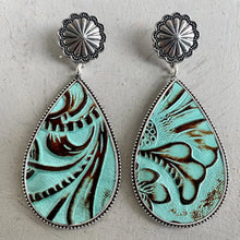 Ornate alloy teardrop earrings in turquoise and brown Southwestern style with silver accents