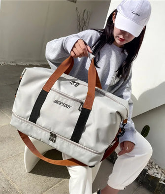 Oversize Oxford Cloth Duffel Bag with Brown Straps for Travel Gray One Size