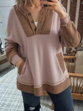 Oversize waffle patchwork exposed seam casual hoodie with soft pink body and brown corduroy accents on collar and cuffs