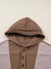Oversize waffle patchwork exposed seam cozy brown waffle knit hoodie with light purple panel and three dark buttons