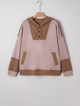 Oversize waffle patchwork exposed seam casual hoodie in soft pink and beige with ribbed knit accents on chest sleeves and pockets