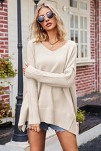 Oversized Beige V-Neck Long Sleeve Sweater for Women Tan Sweater Pullovers