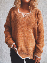 Oversized Brown V-Neck Sweater with White Trim Long Sleeve Pullover Camel