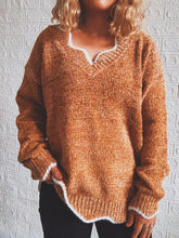 Oversized Brown V-Neck Sweater with White Trim Long Sleeve Pullover Camel Sweater Pullovers