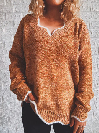 Oversized Brown V-Neck Sweater with White Trim Long Sleeve Pullover Camel Sweater Pullovers