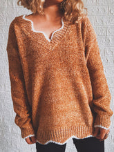 Oversized Brown V-Neck Sweater with White Trim Long Sleeve Pullover