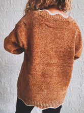 Oversized Brown V-Neck Sweater with White Trim Long Sleeve Pullover