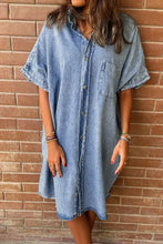 Oversized light-wash denim shirt dress with short sleeves button-front and single chest pocket perfect denim shirt dress