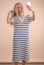 Oversized Collared Striped Knit Midi Dress for Women White Navy