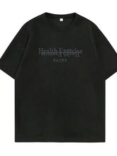 Black oversized t-shirt with health exercise text, machine wash cold tumble dry