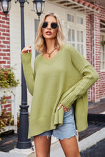Oversized Green V-Neck Sweater with Long Sleeve Length Lime