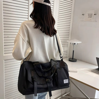 Oversized Oxford Cloth Duffel Bag with Shoulder Strap and Pockets Black One Size