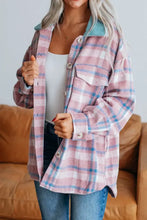 Oversized pink and blue plaid cotton flannel shirt, button-down design