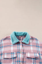 Oversized pink and blue plaid cotton flannel shirt with teal fleece collar and pocket