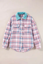 Oversized pink and blue plaid cotton flannel shirt with fleece collar