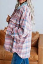Oversized pink and blue plaid cotton flannel shirt with white checks