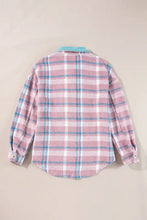 Oversized pink and blue plaid cotton flannel shirt with teal collar