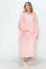 Oversized pink hooded plush blanket robe with pockets