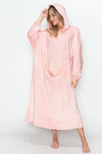 Oversized pink hooded plush blanket robe with pockets
