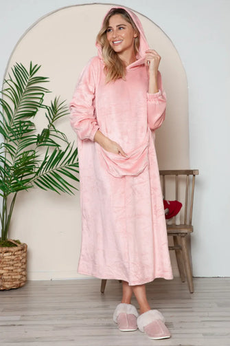Oversized Pink Hooded Plush Blanket Robe with Pockets Dusty Pink