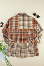 Oversized plaid wool shirt dress in orange, brown, and beige