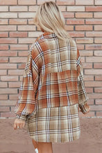Oversized plaid shirt dress in earthy brown, beige cotton with long sleeves