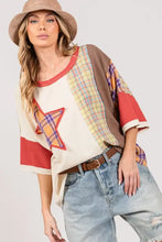 Oversized plaid star patch t-shirt with fig round neck on cream background