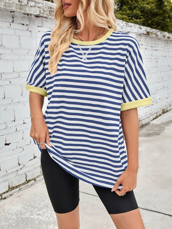 Oversized Striped T Shirt with Yellow Trim for Women Royal Blue