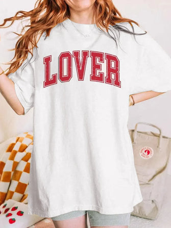 Oversized White T Shirt with Red LOVER Text White
