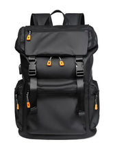 Black oxford cloth backpack bag with orange zipper pulls